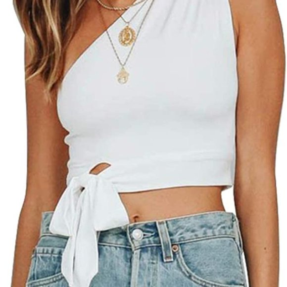 Women's Sexy One Shoulder Sleeveless Bowknot Shirts Crop Tops - Picture 2 of 7